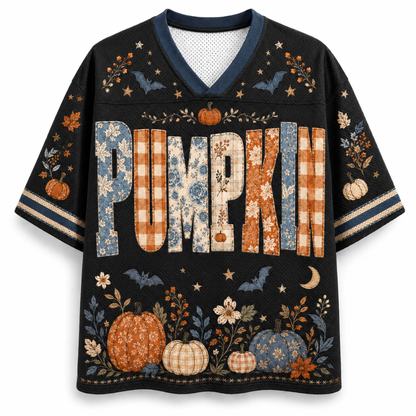 A black short-sleeve V-neck jersey-style shirt with a large autumn-themed 'PUMPKIN' text graphic and seasonal motifs including pumpkins, bats, stars, leaves, and plaid/floral fillings, shown on a plain light background.