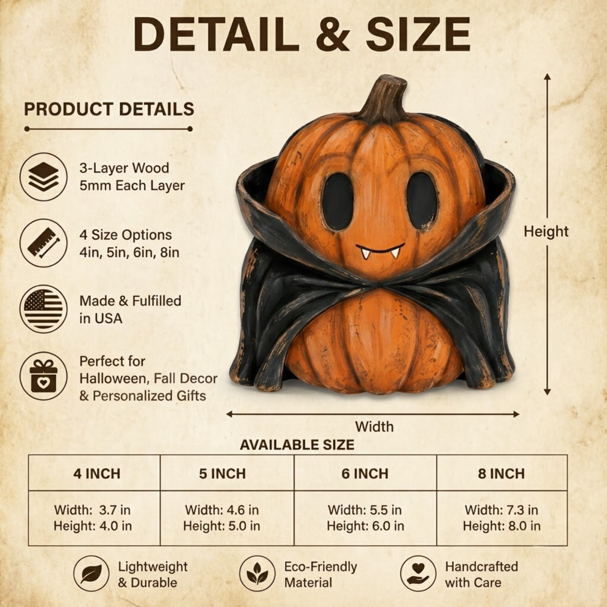 A product detail and size infographic for a carved jack-o'-lantern pumpkin with a hooded cloak, shown on a parchment-style background with text detailing product features, available sizes, and dimensions.