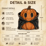 A product detail and size infographic for a carved jack-o'-lantern pumpkin with a hooded cloak, shown on a parchment-style background with text detailing product features, available sizes, and dimensions.