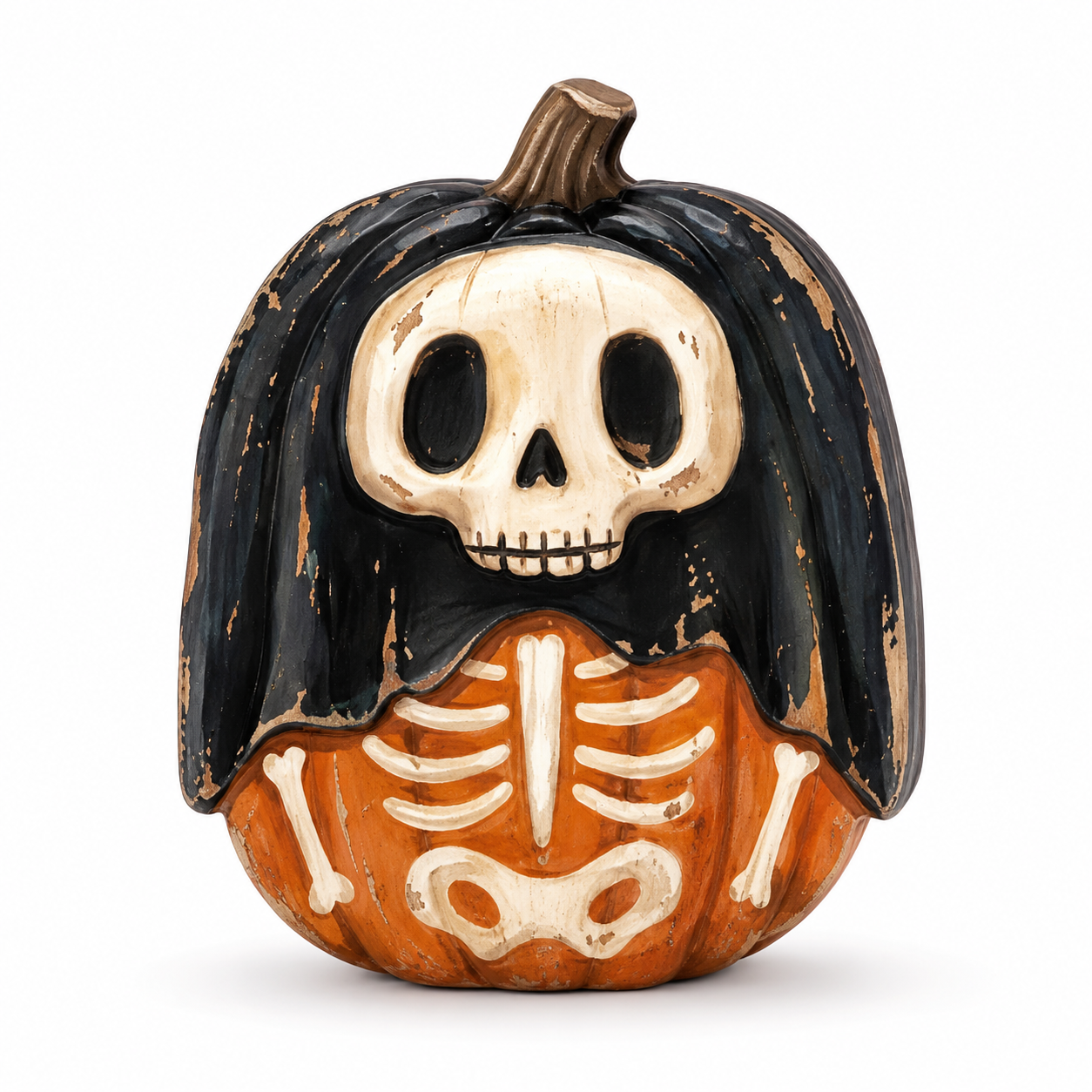 A decorative Halloween pumpkin figurine featuring a carved orange pumpkin base with a white skeleton rib cage and bones, topped with a black hood draped over a skull face and stem, shown on a plain white background.
