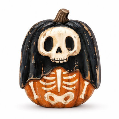A decorative Halloween pumpkin figurine featuring a carved orange pumpkin base with a white skeleton rib cage and bones, topped with a black hood draped over a skull face and stem, shown on a plain white background.