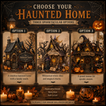 A promotional graphic for a haunted home Halloween decoration set, showing three illustrated haunted house options labeled Option 1, Option 2, and Option 3 under the heading 'Choose Your Haunted Home.' The design includes candles, pumpkins, autumn leaves, and spooky text describing each option, with a dark brown and black overall layout.