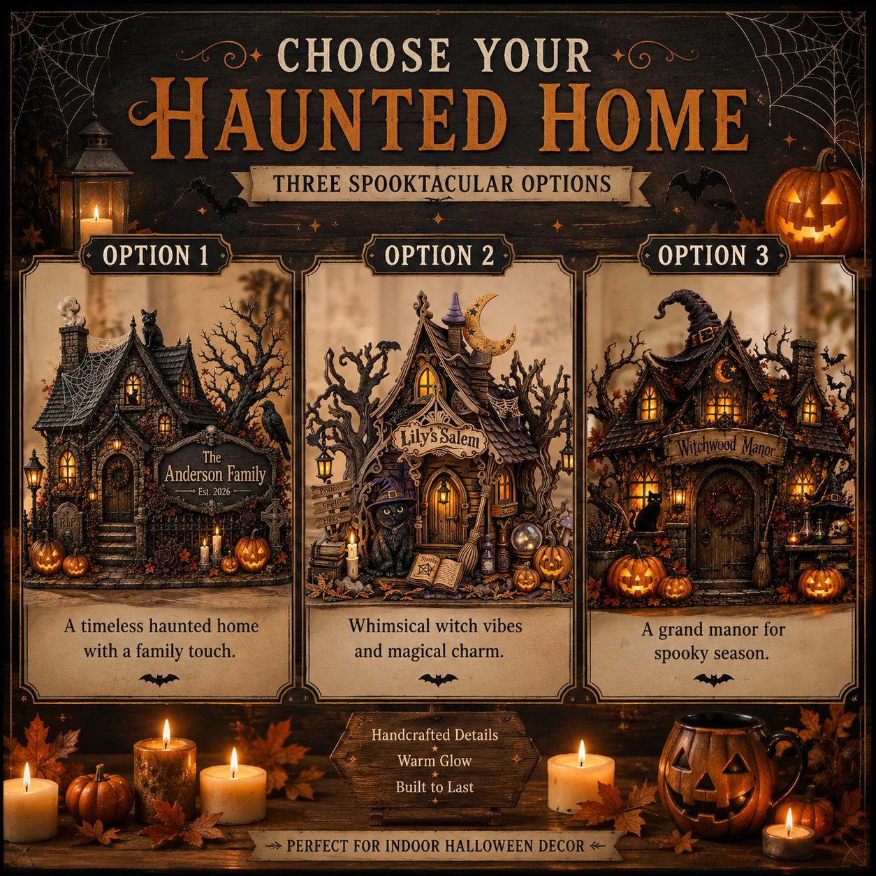 A promotional graphic for a haunted home Halloween decoration set, showing three illustrated haunted house options labeled Option 1, Option 2, and Option 3 under the heading 'Choose Your Haunted Home.' The design includes candles, pumpkins, autumn leaves, and spooky text describing each option, with a dark brown and black overall layout.