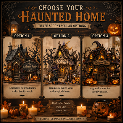 A promotional graphic for a haunted home Halloween decoration set, showing three illustrated haunted house options labeled Option 1, Option 2, and Option 3 under the heading 'Choose Your Haunted Home.' The design includes candles, pumpkins, autumn leaves, and spooky text describing each option, with a dark brown and black overall layout.