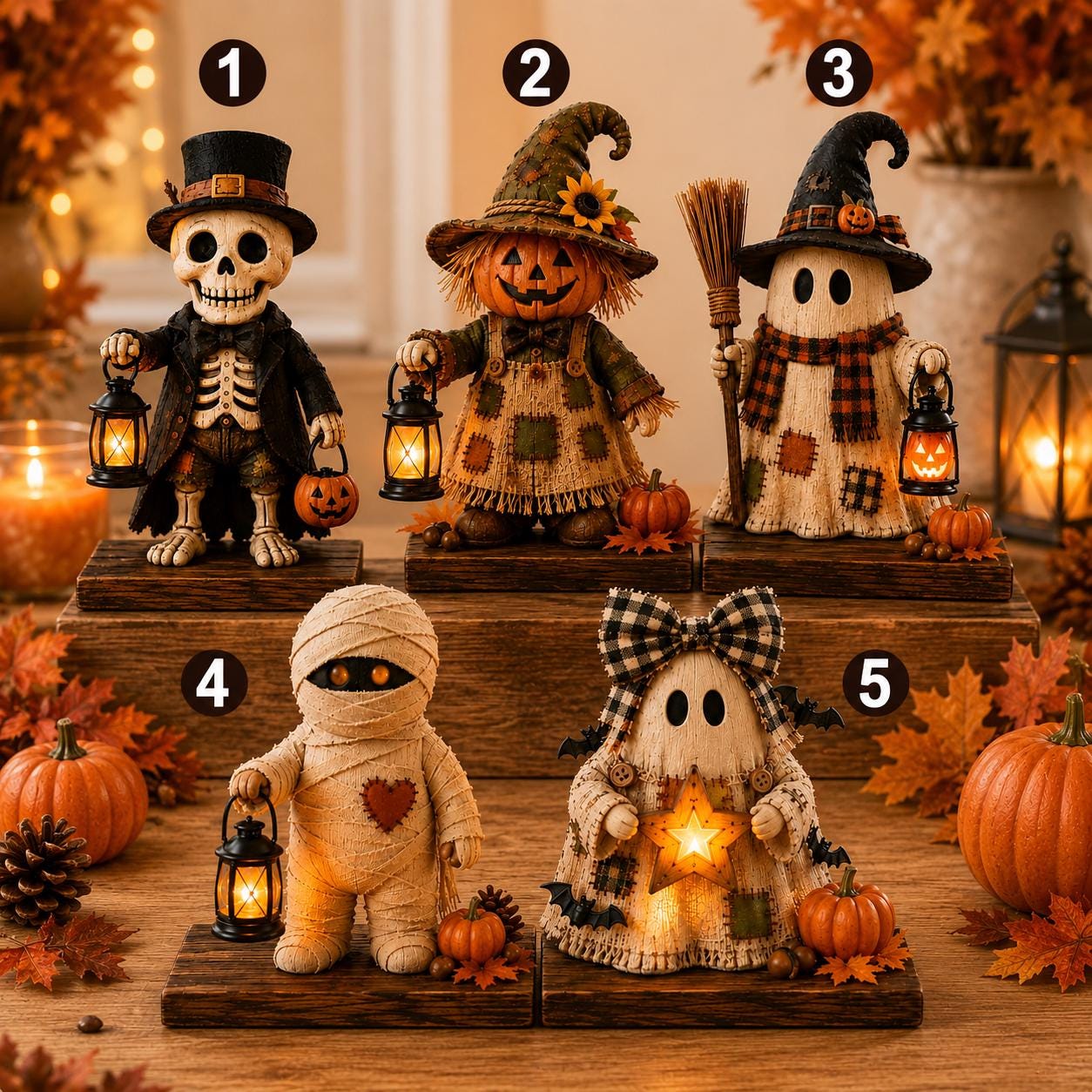 Five Halloween decorative figurines arranged on wooden pedestals in a warm, autumn-themed setting. The set includes a skeleton dressed as a top hat guest, a scarecrow in a patchwork patch hat, a ghost in a plaid witch hat, a mummy with a lantern, and a ghost in a plaid bonnet holding a glowing star.