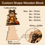 Custom shape wooden block for Halloween decor, showing a finished ghost decoration example, a raw plywood template shape, size options from 4 to 8 inches, and a 15mm bow detail inset on a beige background.