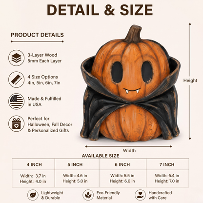 A product detail and size infographic for a carved double-pumpkin decoration. The central product shows an orange pumpkin layered inside a black hooded cloak, with text callouts for height and width and a size table below showing 4, 5, 6, and 7 inch measurements.