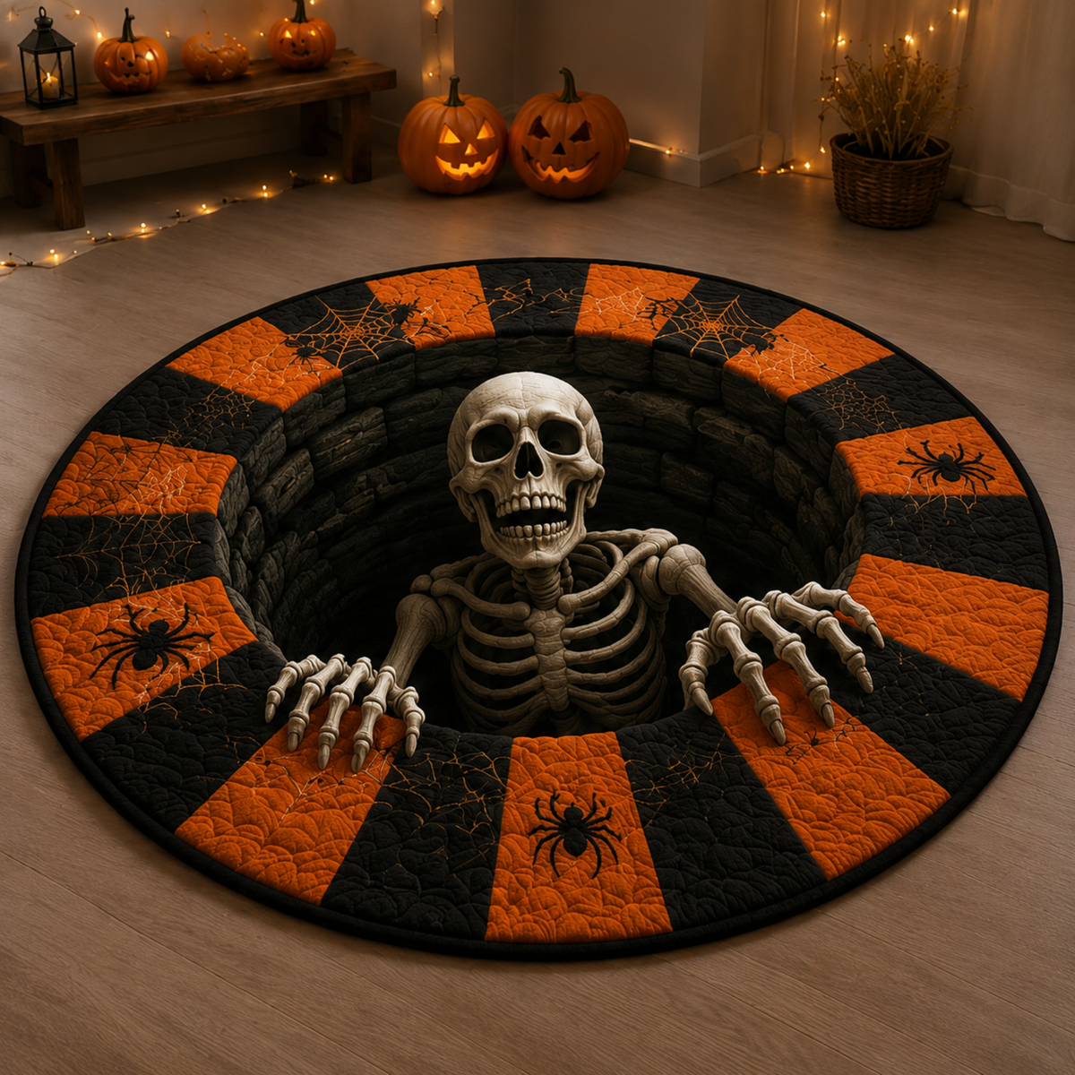A round Halloween-themed rug featuring a black and orange checkered border with spiderweb and spider motifs, surrounding a dark well-like opening with a plastic skeleton emerging from the center. The rug is shown on a wooden floor in a decorated room with pumpkins and string lights.