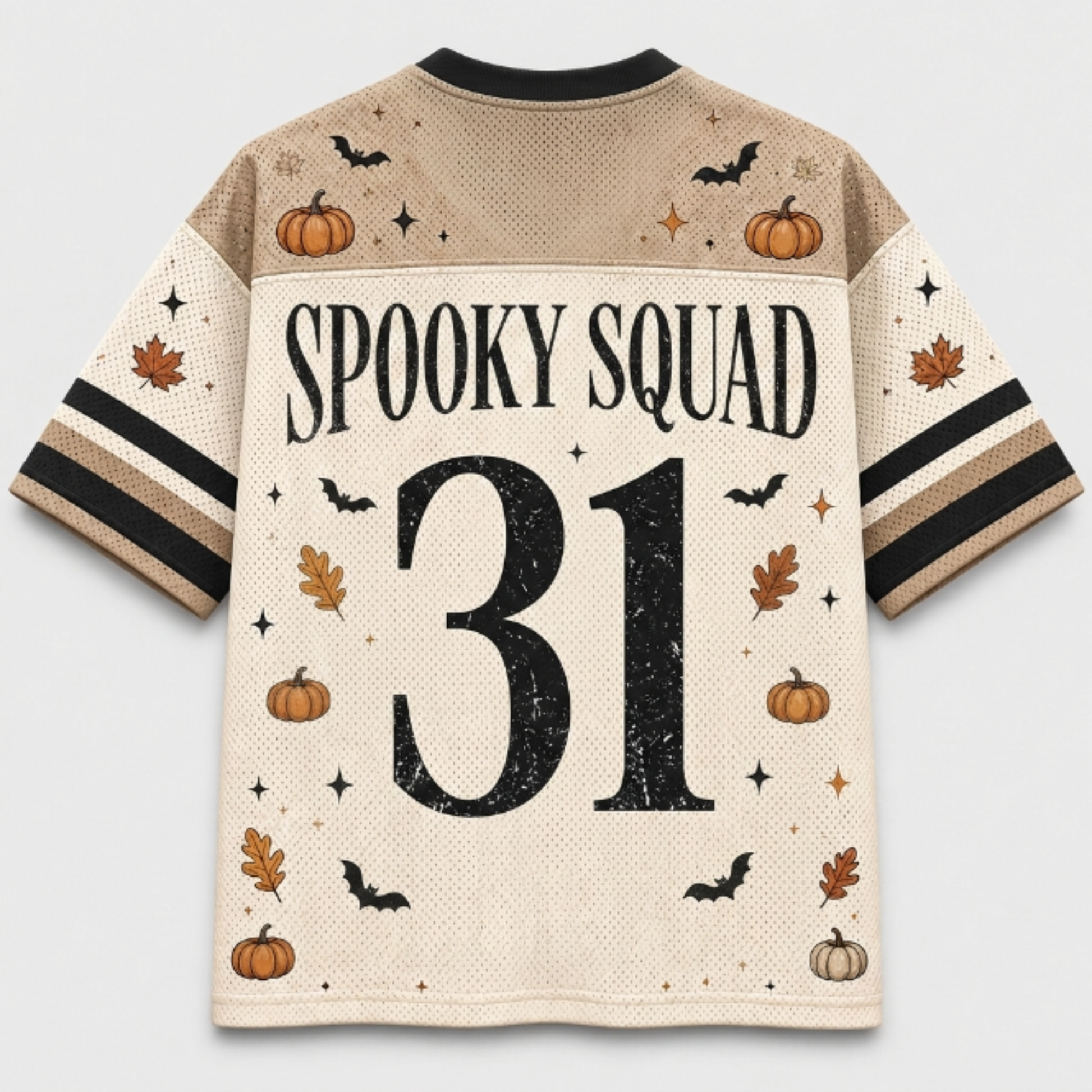 A short-sleeve sports jersey shown from the back, featuring a beige and cream mesh pattern with a black collar and sleeve stripes. The back is decorated with a Halloween theme, including the text 'SPOOKY SQUAD', the number '31' in distressed black, and illustrations of pumpkins, bats, leaves, and stars.
