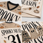 A four-panel close-up collage of a cream-colored hockey-style jersey with Halloween graphics. The jersey features black 'SPOOKY SQUAD' lettering, the number '31', pumpkins, bats, acorns, and ghost patches in camouflage, leopard print, and checkerboard patterns.