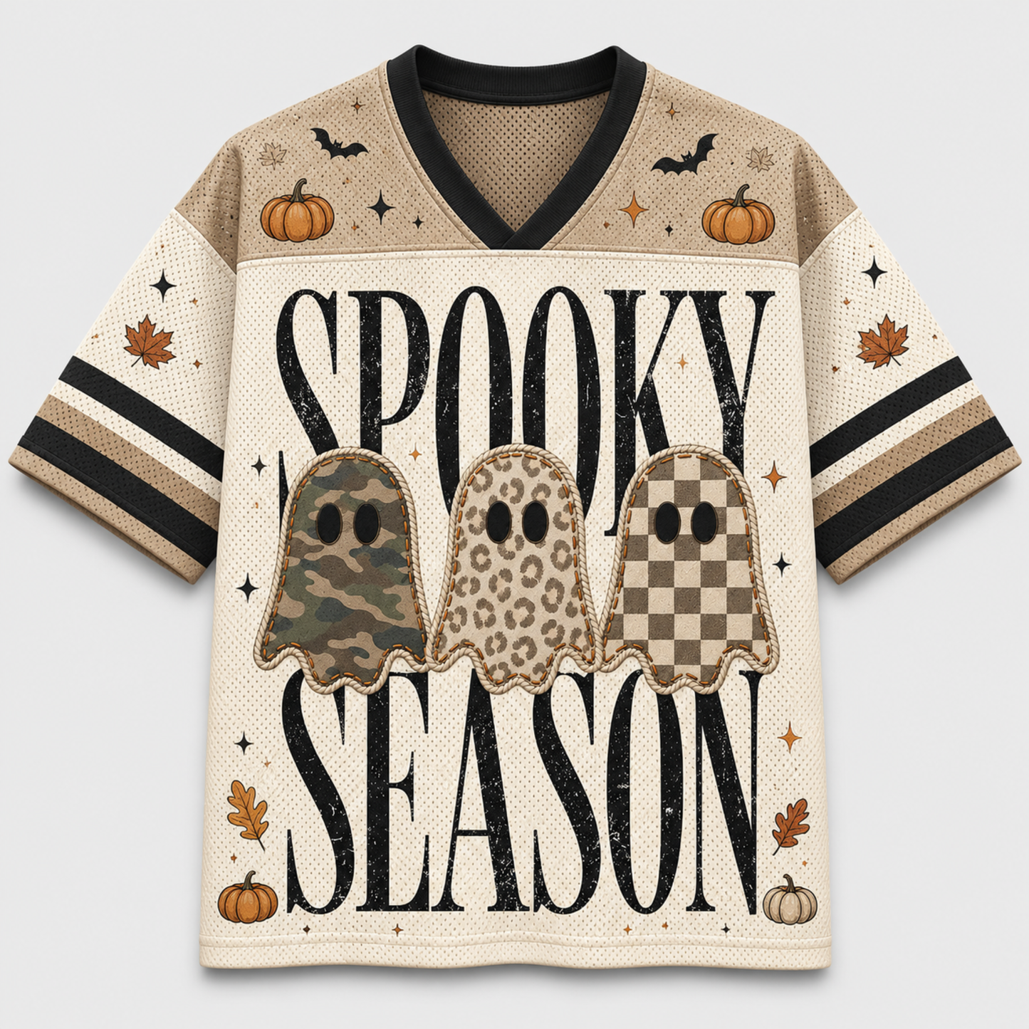 A short-sleeve V-neck jersey-style shirt with a beige and cream Halloween graphic. The front reads 'SPOOKY SEASON' in large black letters over three ghost silhouettes in camouflage, leopard print, and checkerboard patterns, with pumpkins, bats, stars, and leaves on a light gray background.