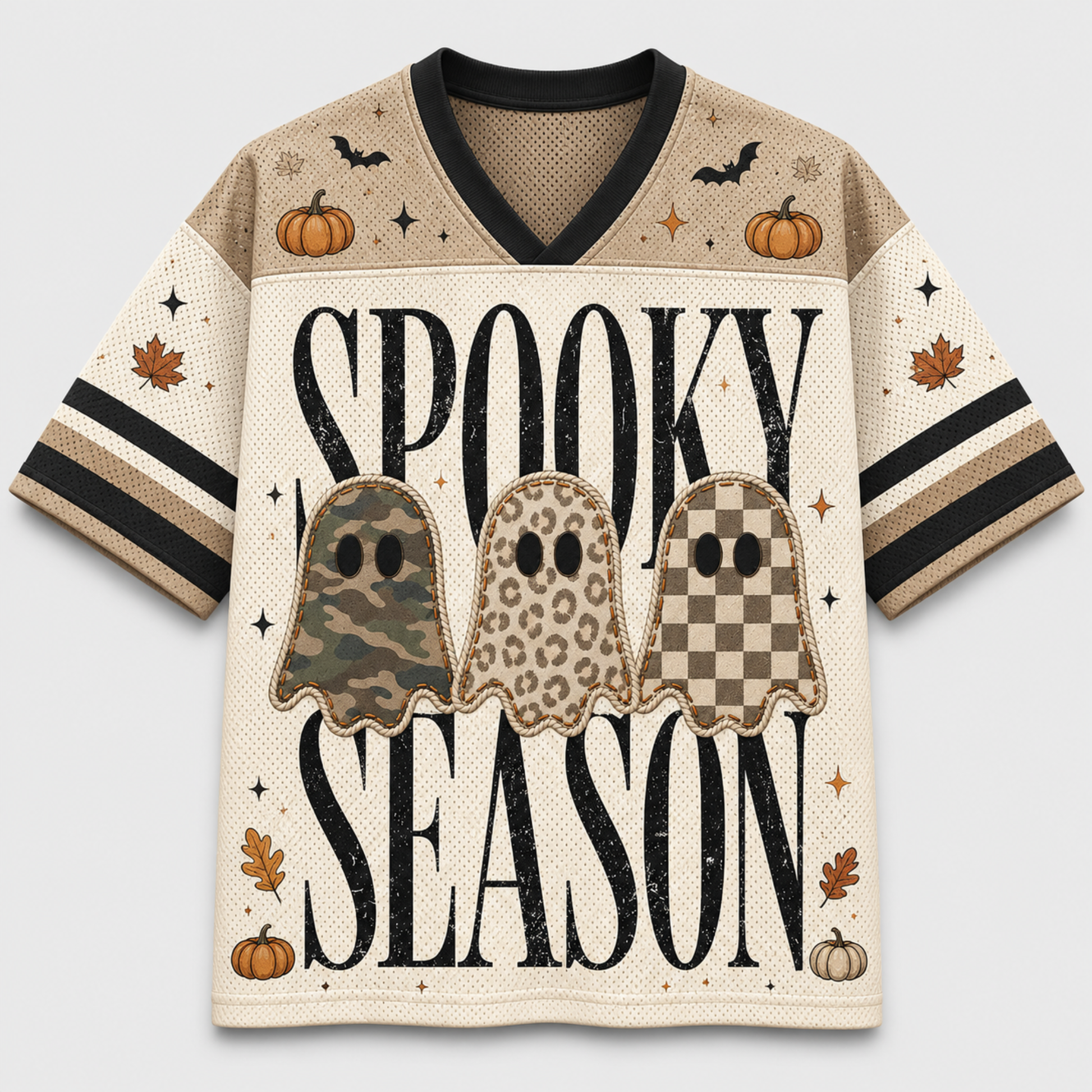 A short-sleeve V-neck jersey-style shirt with a beige and cream Halloween graphic. The front reads 'SPOOKY SEASON' in large black letters over three ghost silhouettes in camouflage, leopard print, and checkerboard patterns, with pumpkins, bats, stars, and leaves on a light gray background.