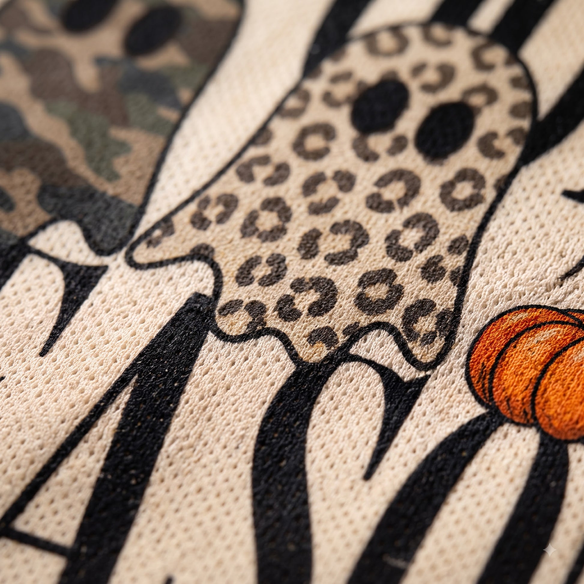 Close-up of a Halloween-themed graphic print on a textured beige fabric, featuring a ghost with a leopard print pattern, black and white zebra stripes, and an orange pumpkin.
