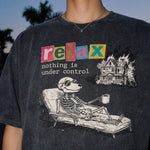 ChaoticClub Nothing Is Under Control Dog Washed T-Shirt, vintage oversized graphic tee featuring a dog skeleton in sunglasses lounging with coffee while a house burns in the background and funny sarcastic text on premium washed cotton fabric
