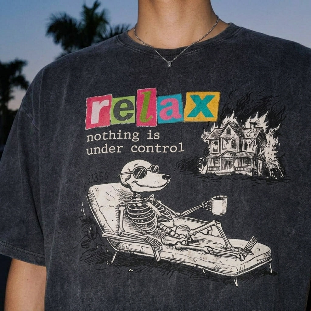 ChaoticClub Nothing Is Under Control Dog Washed T-Shirt, vintage oversized graphic tee featuring a dog skeleton in sunglasses lounging with coffee while a house burns in the background and funny sarcastic text on premium washed cotton fabric