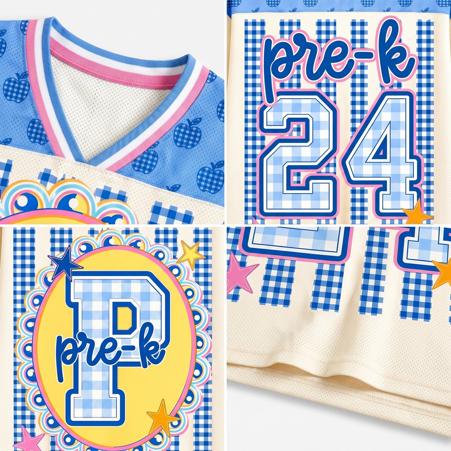 ChaoticClub Preppy Teacher Apple Blue Gingham Stripes Mesh Jersey