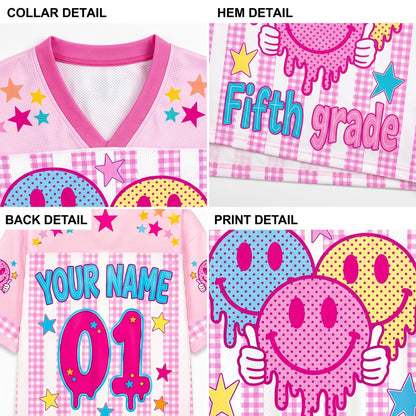 ChaoticClub Smiley Face Striped Back To School Pink Gingham Mesh Jersey