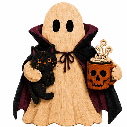A wooden Halloween decoration shaped like a ghost in a black and burgundy cape, holding a black cat in one arm and a pumpkin skull mug with steam in the other, on a plain white background.