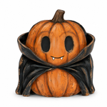 A decorative pumpkin-shaped planter or container styled as a vampire, featuring an orange pumpkin face with black eyes and small white fangs, wrapped in a black draped cape, shown on a plain white background.