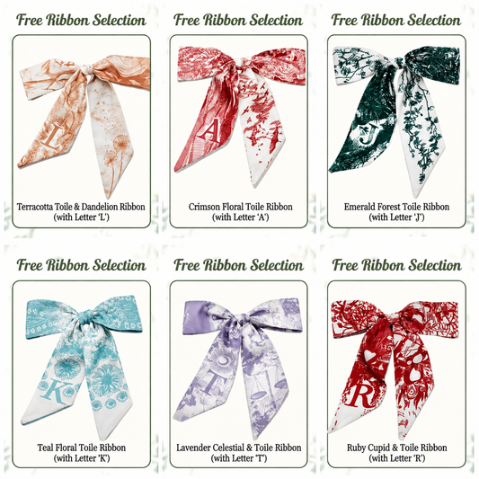 Collection of various toile ribbons with different patterns and colors on a white background.