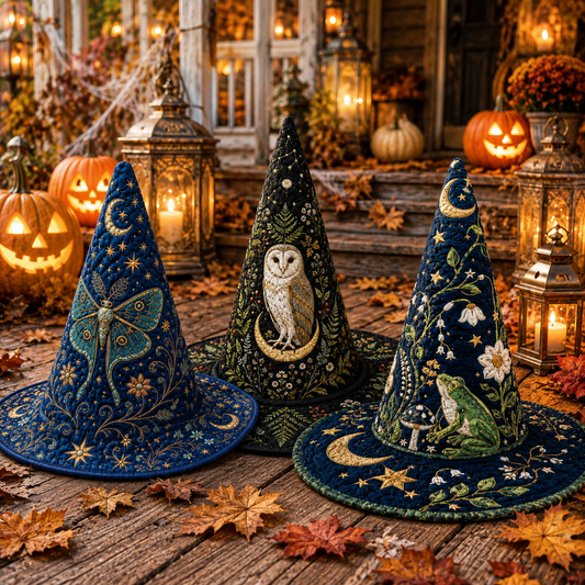 Three decorative witch hats displayed on a rustic wooden porch surrounded by Halloween decorations, including glowing lanterns, pumpkins, spiderwebs, and autumn leaves. The hats feature intricate embroidered designs: one blue with a dragonfly and gold stars, one dark green with an owl and gold stars, and one navy blue with a frog, moon, and gold stars.