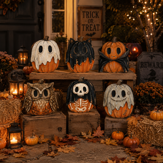 Six decorative Halloween pumpkins arranged on rustic wooden crates and a bench in a fall yard setting. The pumpkins include ghost, bat, cat, owl, skeleton, and ghost-faced designs, with warm string lights, lanterns, hay, and autumn leaves around them.