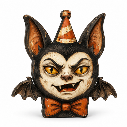 Vintage-style bat-headed decorative object with large pointed ears, yellow eyes, a party hat, and an orange bow tie on a plain white background.
