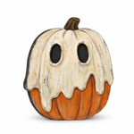 A decorative Halloween pumpkin ornament with a distressed cream-colored ghost face draped over an orange pumpkin body, shown on a plain white background.